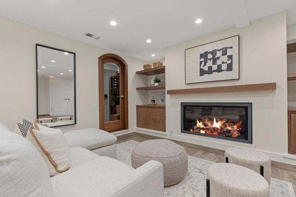 Fireplace, Interior, Living room, Recessed Lighting, Wood Texture Flooring