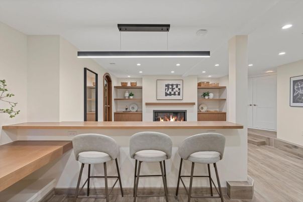 Fireplace, Interior, Recessed Lighting, Wood Texture Flooring
