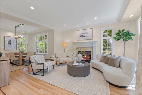 Dining room, Fireplace, Interior, Living room, Pendant Lights, Recessed Lighting, Wood Texture Flooring