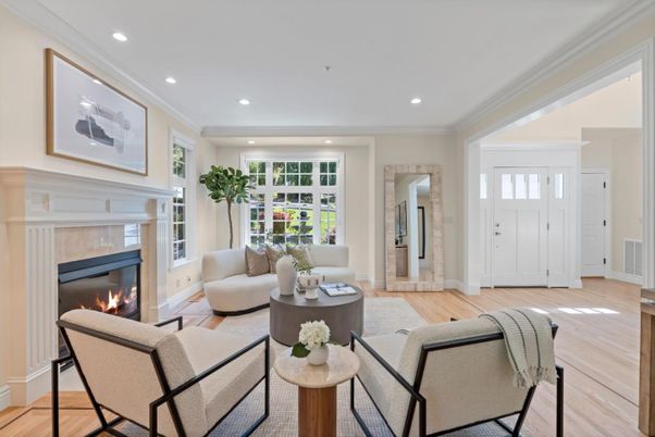 Fireplace, Interior, Living room, Recessed Lighting, Wood Texture Flooring