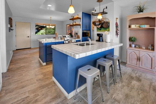 Interior, Kitchen, Pendant Lights, Recessed Lighting, Tile Countertops, Wood Texture Flooring