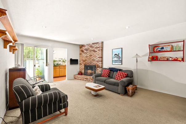 Fireplace, Interior, Living room, Recessed Lighting, Stone Walls