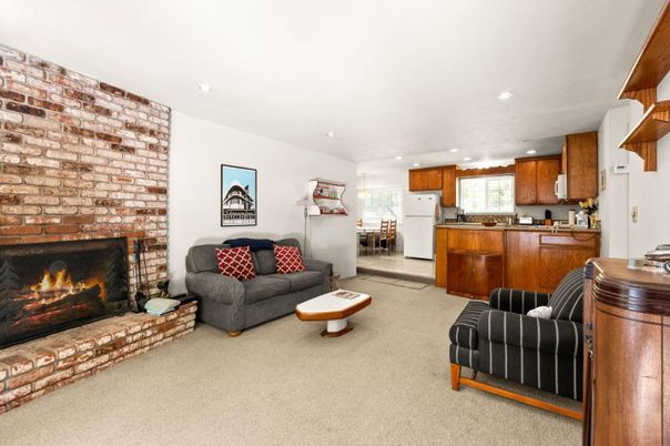 Dining room, Fireplace, Interior, Kitchen, Living room, Recessed Lighting, Stone Walls