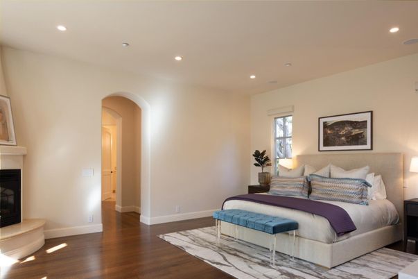 Bedroom, Fireplace, Interior, Recessed Lighting, Wood Texture Flooring