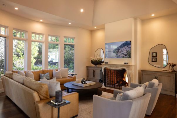 Fireplace, Interior, Living room, Recessed Lighting, Wood Texture Flooring