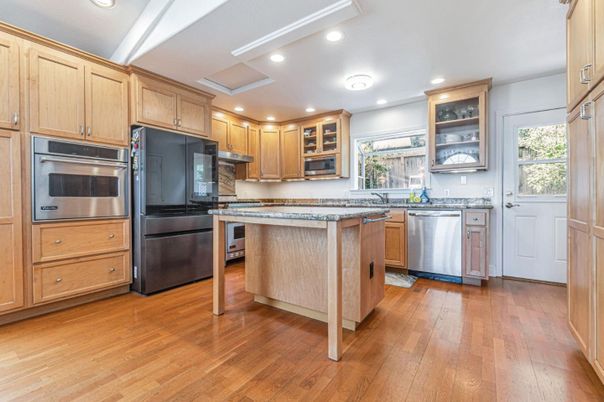 Interior, Kitchen, Recessed Lighting, Stainless Steel Appliances, Wood Texture Flooring