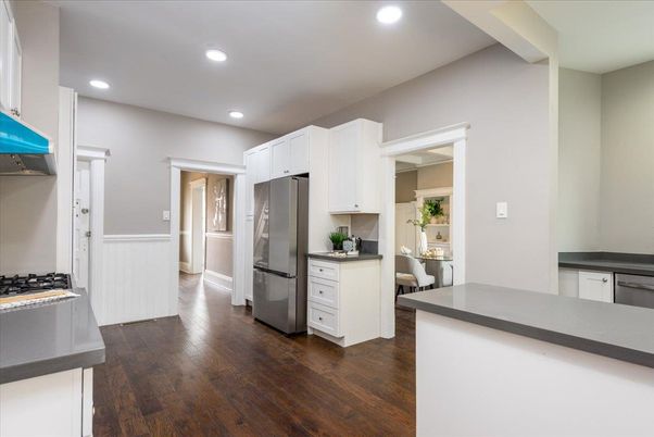 Interior, Kitchen, Recessed Lighting, Stainless Steel Appliances, Wood Texture Flooring