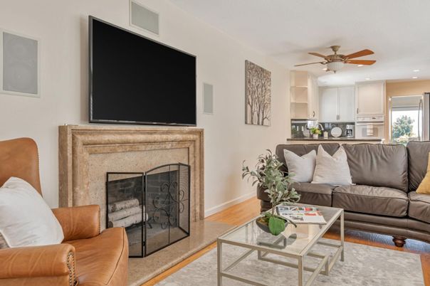 Fireplace, Interior, Kitchen, Living room, Recessed Lighting, Wood Texture Flooring