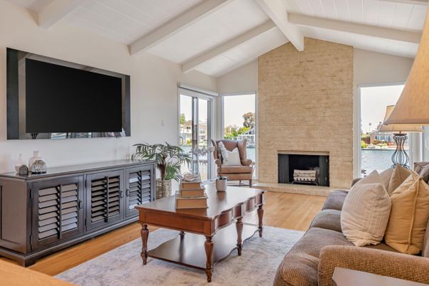 Fireplace, Interior, Living room, Stone Walls, Water, Wood Texture Flooring