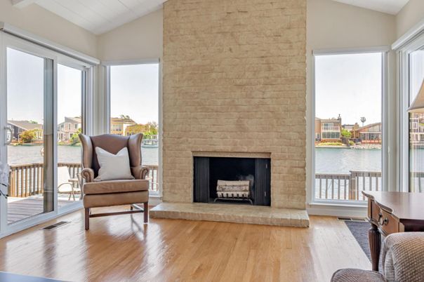 Fireplace, Interior, Stone Walls, Water, Wood Texture Flooring