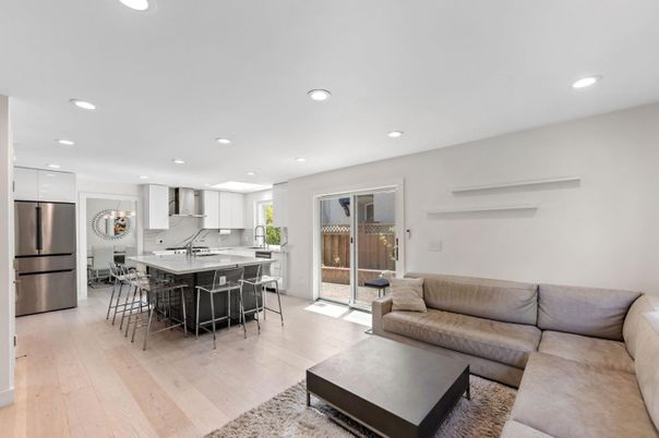 Interior, Kitchen, Living room, Recessed Lighting, Stainless Steel Appliances, Wood Texture Flooring