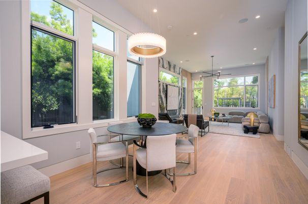 Dining room, Interior, Pendant Lights, Recessed Lighting, Wood Texture Flooring