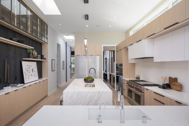 Interior, Kitchen, Pendant Lights, Recessed Lighting, Stainless Steel Appliances, Wood Texture Flooring