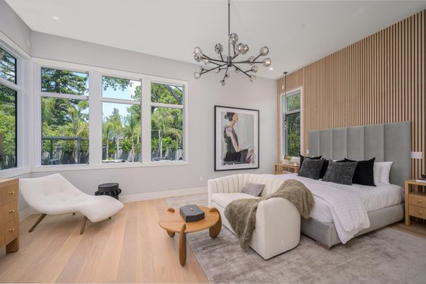 Bedroom, Interior, Pendant Lights, Recessed Lighting, Wood Texture Flooring