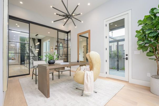 Home Office, Interior, Pendant Lights, Recessed Lighting, Wood Texture Flooring