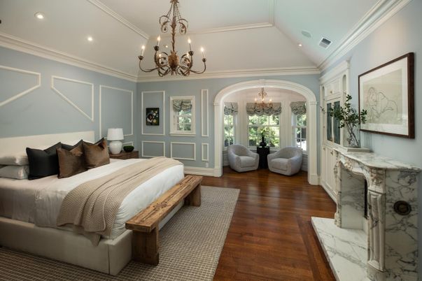 Bedroom, Chandelier, Interior, Recessed Lighting, Wood Texture Flooring