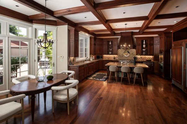 Chandelier, Dining room, Interior, Kitchen, Pendant Lights, Recessed Lighting, Wooden Beams, Wood Texture Flooring