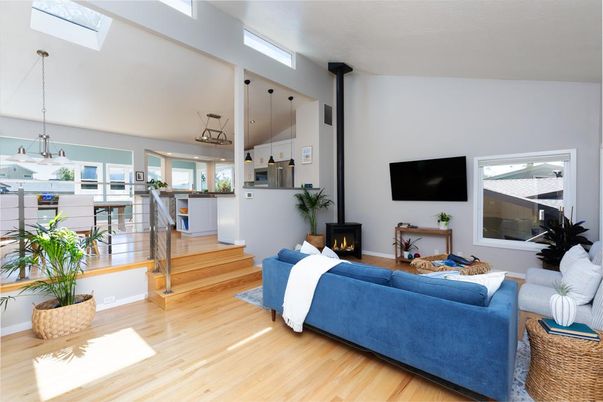 Fireplace, Interior, Kitchen, Living room, Pendant Lights, Wood Texture Flooring