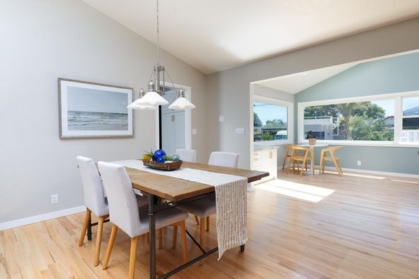 Dining room, Interior, Pendant Lights, Wood Texture Flooring