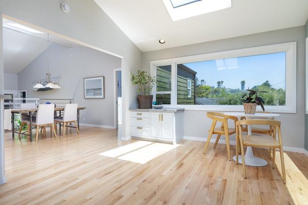 Dining room, Interior, Pendant Lights, Recessed Lighting, Wood Texture Flooring
