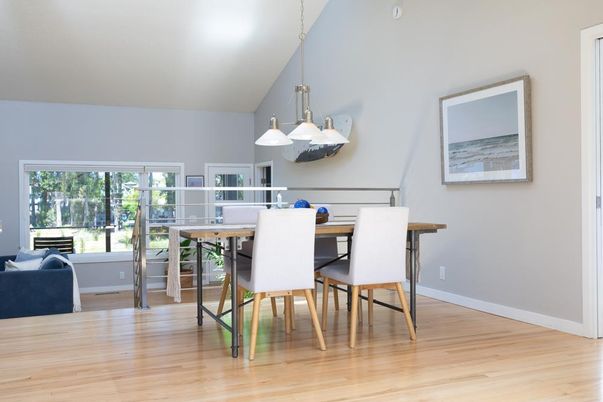 Dining room, Interior, Pendant Lights, Wood Texture Flooring