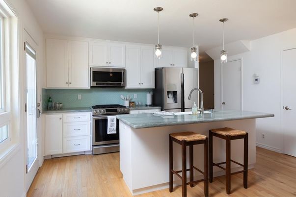Interior, Kitchen, Pendant Lights, Stainless Steel Appliances, Wood Texture Flooring
