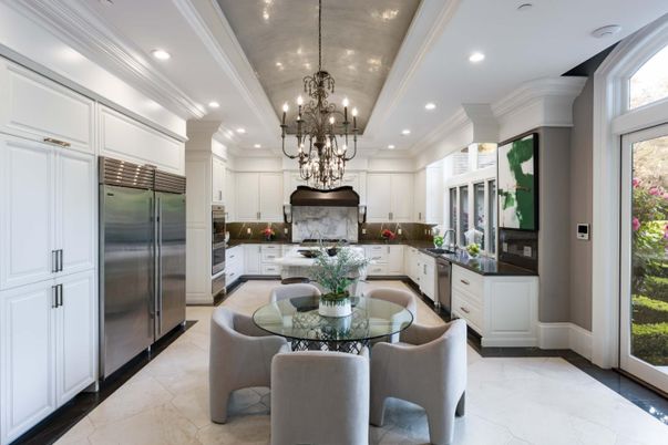 Chandelier, Dining room, Interior, Kitchen, Marble Walls, Recessed Lighting, Stainless Steel Appliances