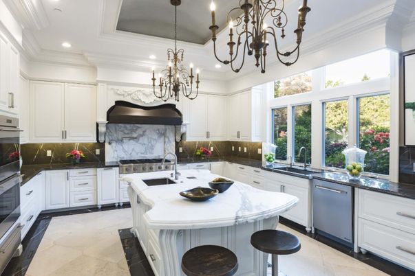 Chandelier, Interior, Kitchen, Marble Walls, Recessed Lighting, Stainless Steel Appliances