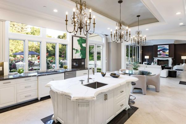 Chandelier, Fireplace, Interior, Kitchen, Living room, Recessed Lighting