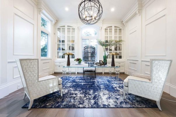 Chandelier, Home Office, Interior, Pendant Lights, Recessed Lighting, Wood Texture Flooring