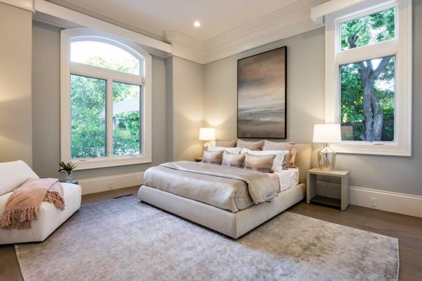 Bedroom, Interior, Recessed Lighting, Wood Texture Flooring