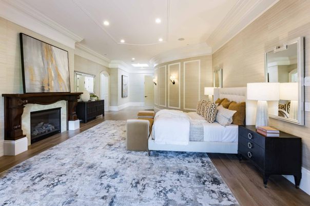 Bedroom, Fireplace, Interior, Recessed Lighting, Wood Texture Flooring