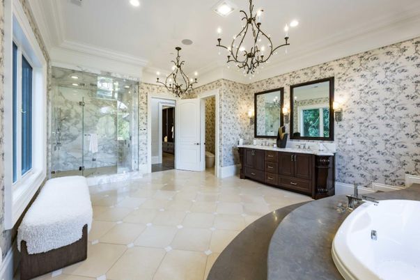 Bathroom, Chandelier, Dual Sink Vanities, Glass Shower, Interior, Marble Walls, Recessed Lighting