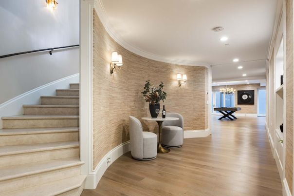 Dining room, Interior, Recessed Lighting, Stone Walls, Wood Texture Flooring