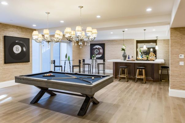 Billiard Table, Chandelier, Game Room, Interior, Pendant Lights, Recessed Lighting, Stone Walls, Wood Texture Flooring