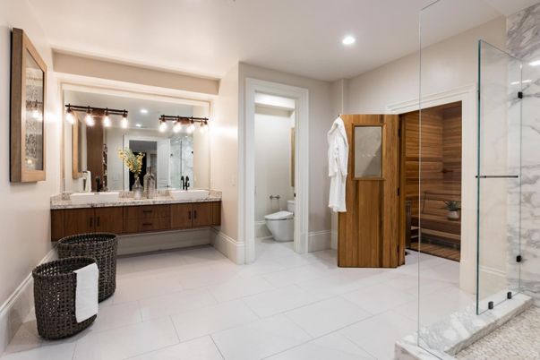 Bathroom, Dual Sink Vanities, Glass Shower, Interior, Recessed Lighting, Sauna Room