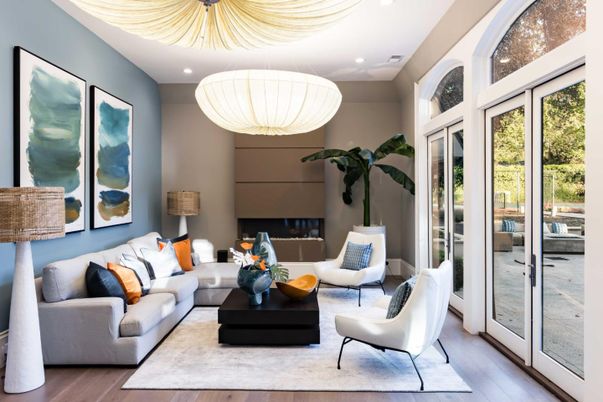 Interior, Living room, Pendant Lights, Recessed Lighting, Wood Texture Flooring