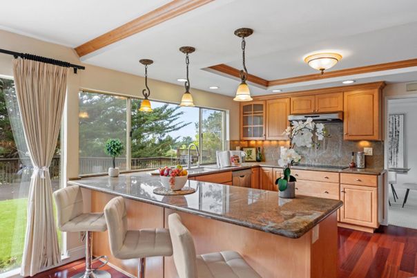 Interior, Kitchen, Pendant Lights, Recessed Lighting, Wooden Beams, Wood Texture Flooring