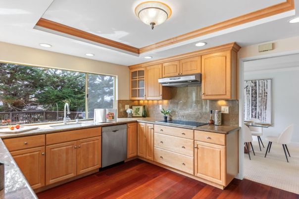 Dining room, Interior, Kitchen, Recessed Lighting, Stainless Steel Appliances, Wood Texture Flooring