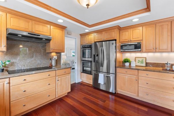 Interior, Kitchen, Recessed Lighting, Stainless Steel Appliances, Wood Texture Flooring