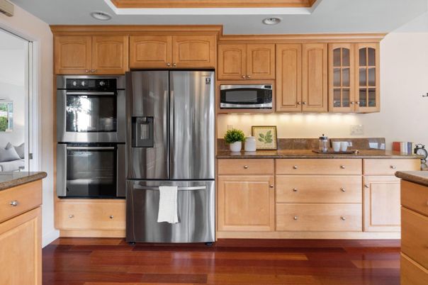 Interior, Kitchen, Recessed Lighting, Stainless Steel Appliances, Wood Texture Flooring