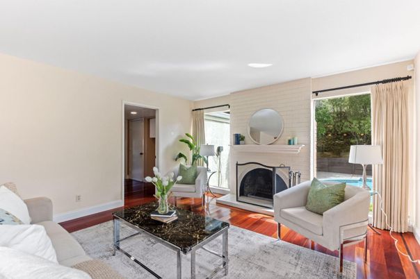 Fireplace, Interior, Living room, Recessed Lighting, Stone Walls, Wood Texture Flooring