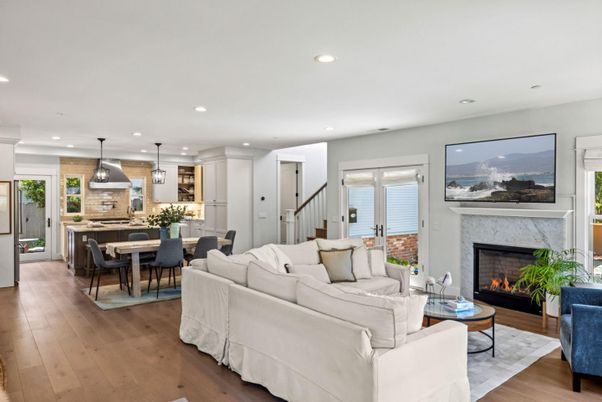 Dining room, Fireplace, Interior, Kitchen, Living room, Pendant Lights, Recessed Lighting, Wood Texture Flooring