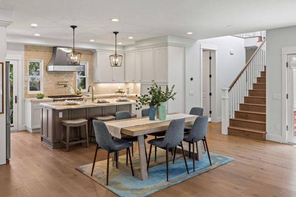 Dining room, Interior, Kitchen, Pendant Lights, Recessed Lighting, Wood Texture Flooring