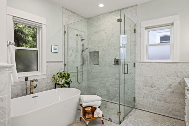 Bathroom, Free Standing Baths, Glass Shower, Interior, Marble Walls, Recessed Lighting