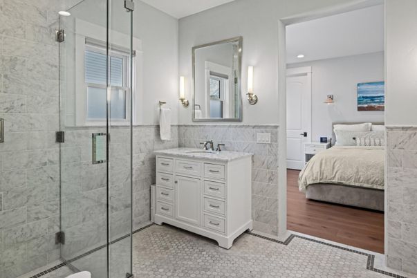 Bathroom, Bedroom, Glass Shower, Interior, Marble Walls, Recessed Lighting, Wood Texture Flooring