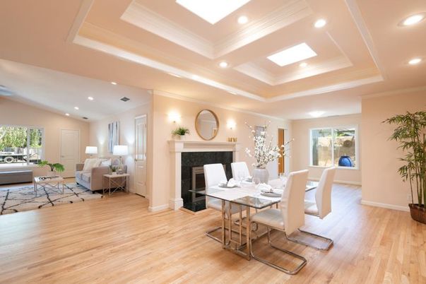Dining room, Fireplace, Interior, Living room, Recessed Lighting, Wood Texture Flooring