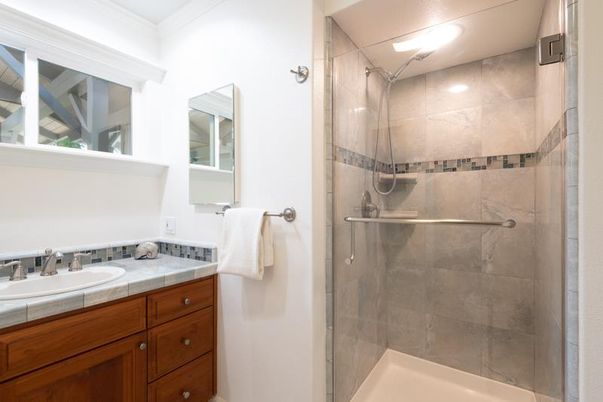 Bathroom, Glass Shower, Interior, Recessed Lighting, Tile Countertops