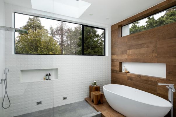 Bathroom, Free Standing Baths, Glass Shower, Interior, Recessed Lighting, Wooden Walls