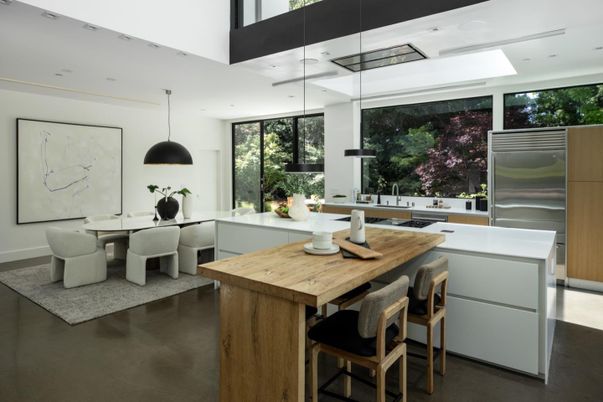 Dining room, Interior, Kitchen, Pendant Lights, Recessed Lighting, Stainless Steel Appliances